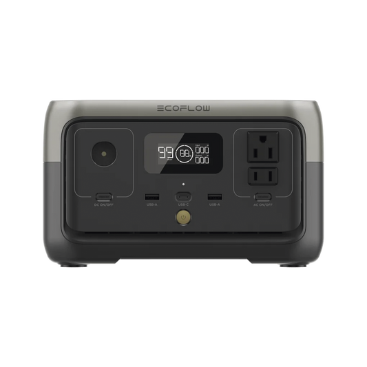 EcoFlow River 2 | Estación de Energía Portátil 256Wh Litio LFP / 2 AC 300 W (Max. 600W) / 1 USB-C 60W / 2 USB -A 12W / Cargador de Coche 8A a 12 o 24V / Conectividad WiFi y Bluetooth (App) / Carga Solar 110W Max.