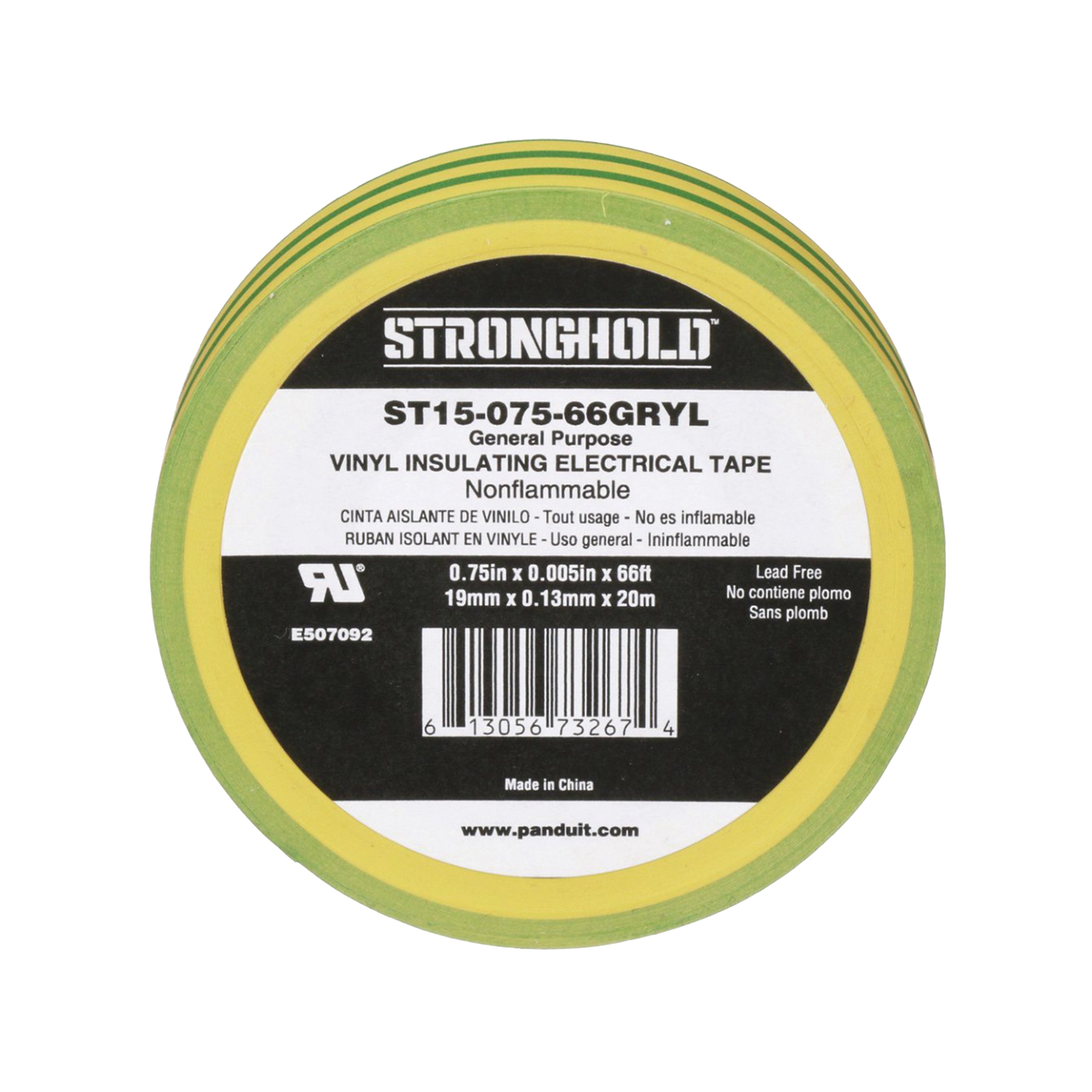 Cinta Eléctrica STRONGHOLD para Aislar, de PVC, Uso Construcción General en Tierras Físicas, Grosor de 0.13 mm (5 mil), Ancho de 19.05 mm, y 20.12 m de Largo, Color Amarillo/Verde.