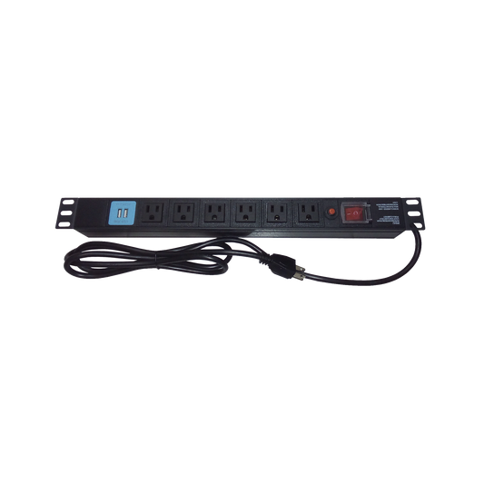 Tomacorriente Horizontal (PDU) de 6 contactos (NEMA 5-15R) + 2 USB para instalación en Rack de 19", 1UR, 125 Vca/ 15 A (THE0040091001001)